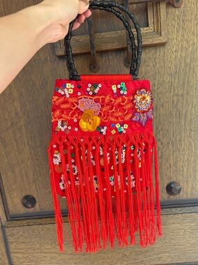 Custom made Handmade Red Embroidered Fringe Handbag one size